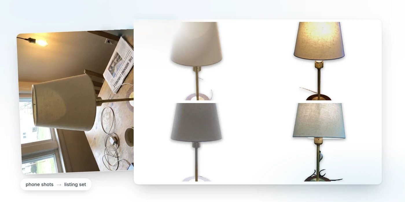 Cluttered phone photos of a lamp beside the same lamp on plain white