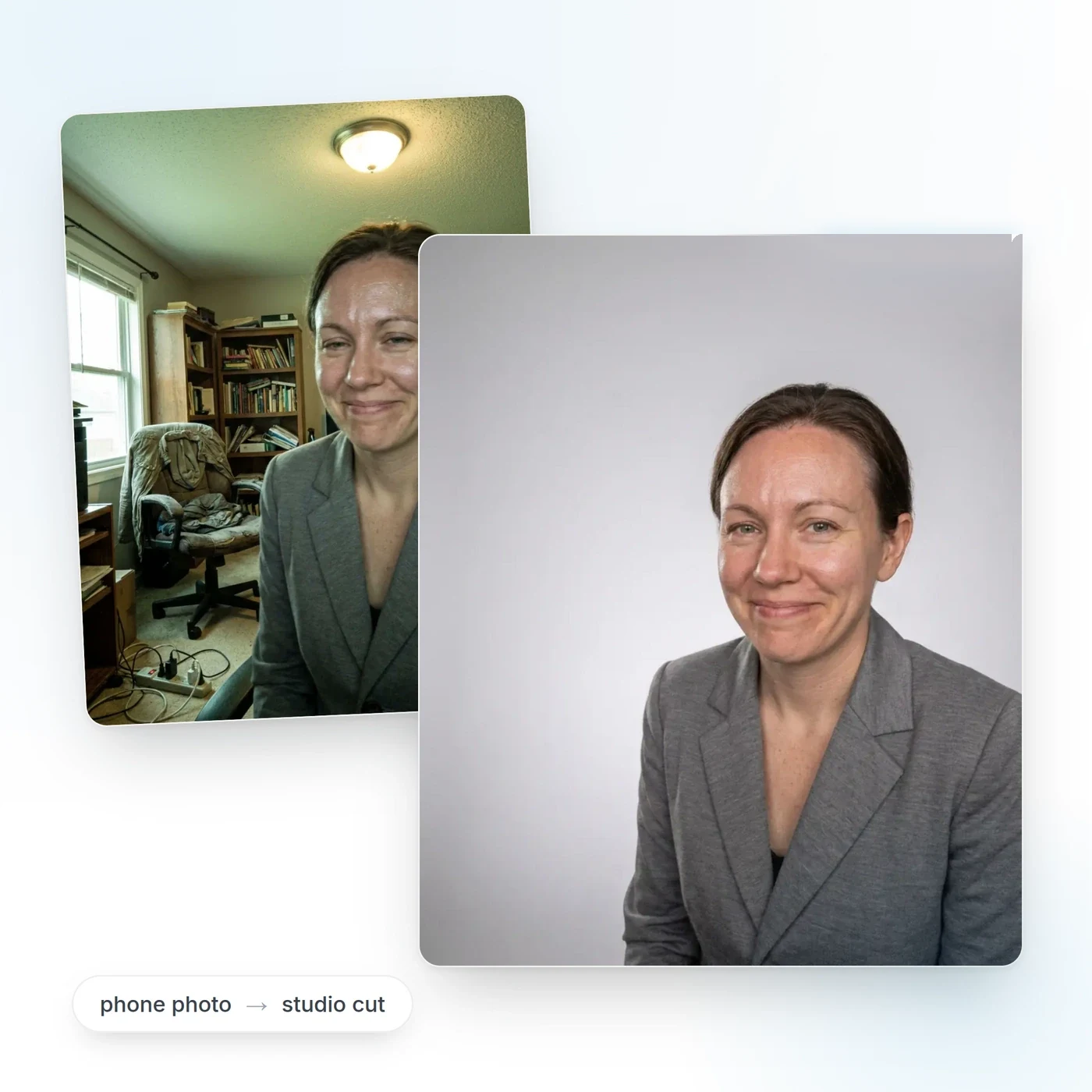 Two cluttered phone portraits beside the same people on a clean studio background